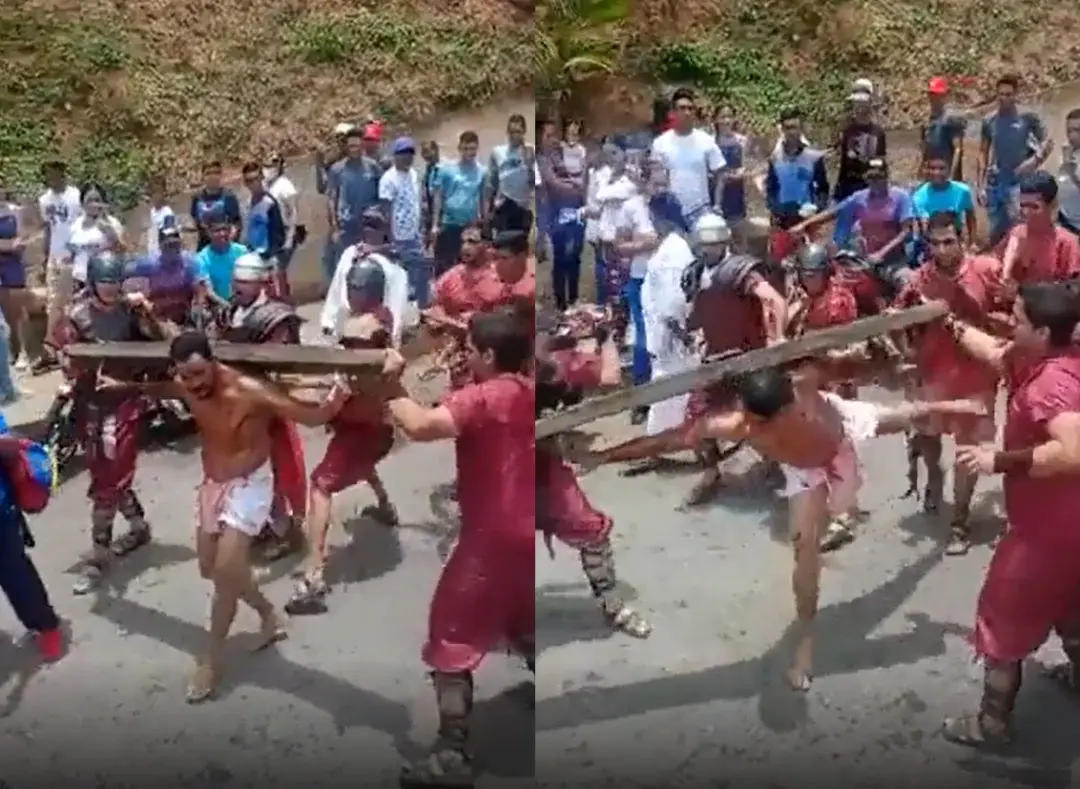 Viral: Así fue como un "Jesucristo" se defendió a patadas de los azotes que recibió durante un viacrucis