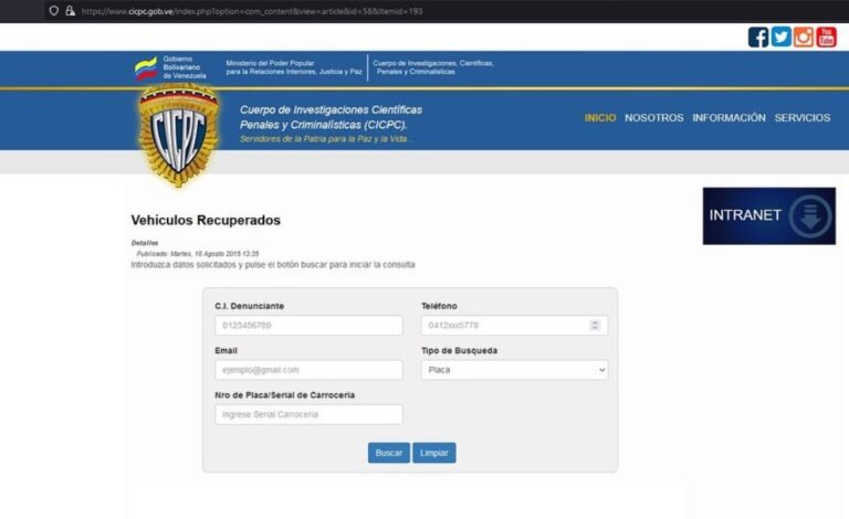 Así funciona la web de verificación de vehículos robados recuperados del CICPC