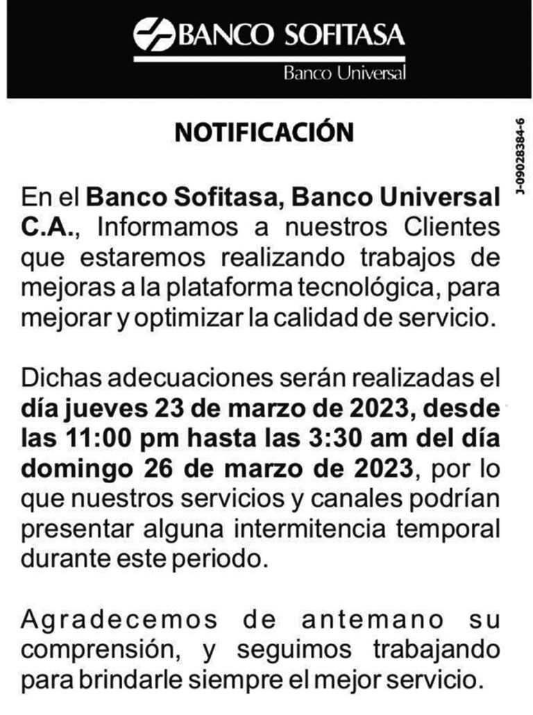 NOTIFICACION BANCO SOFITASA