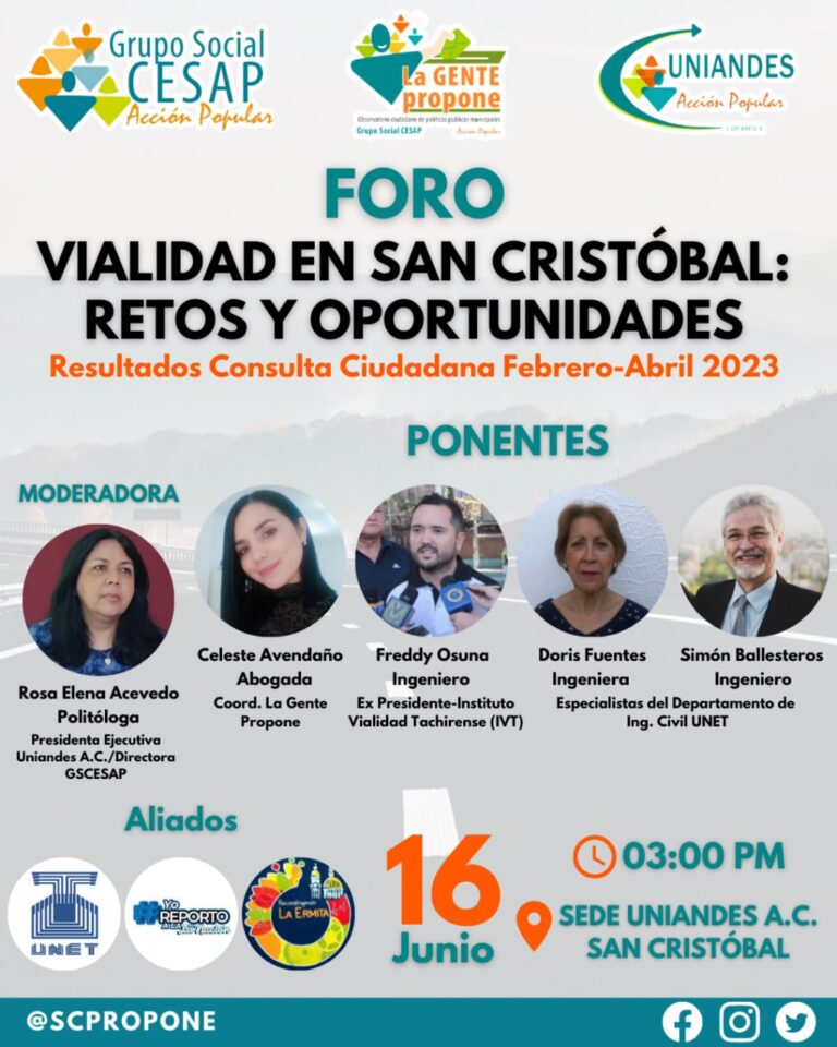 Foro sobre vialidad, se realizará en San Cristóbal el próximo 16 de junio