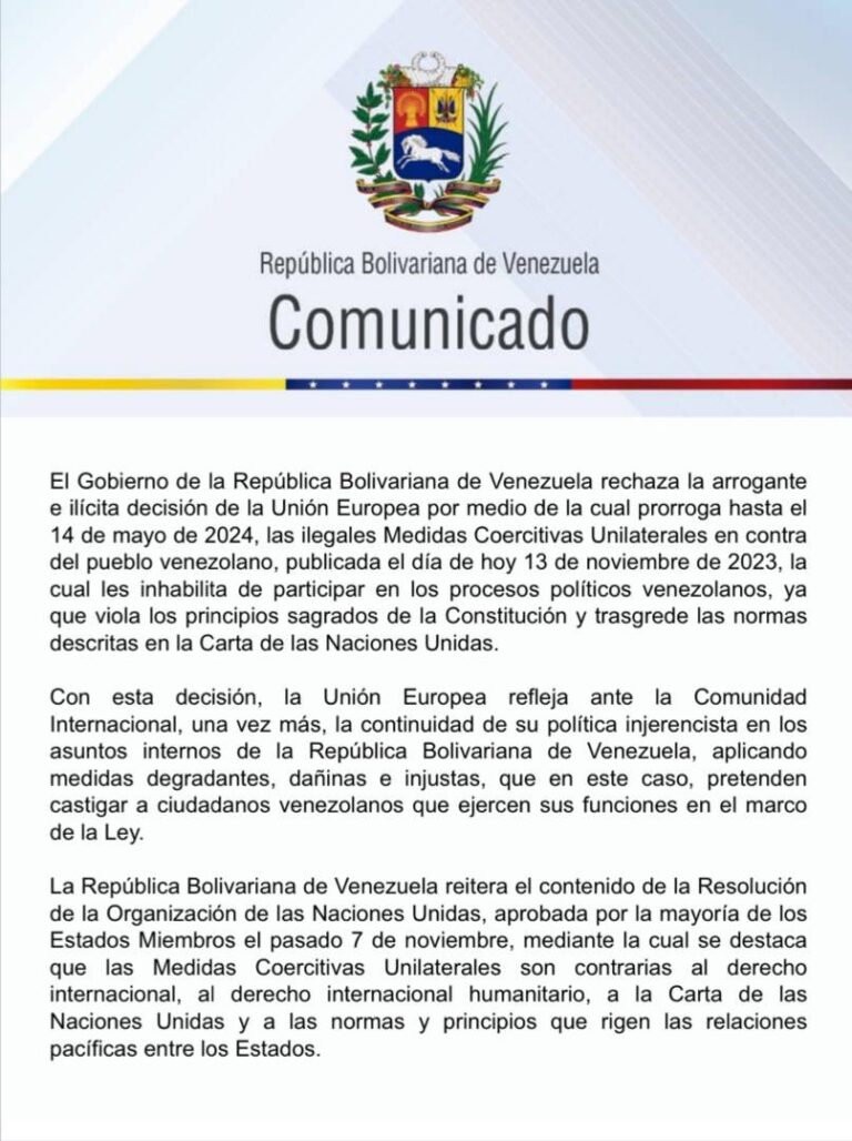 Cancillería de Venezuela rechazó prolongación de sanciones por parte de la UE