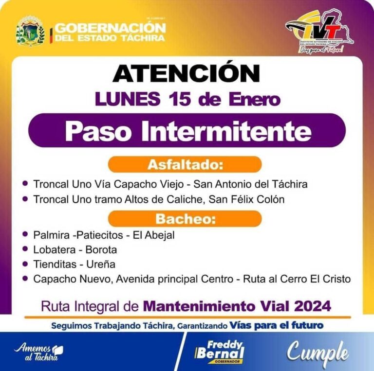 Paso intermitente en la vía Capacho – San Antonio por plan de asfaltado