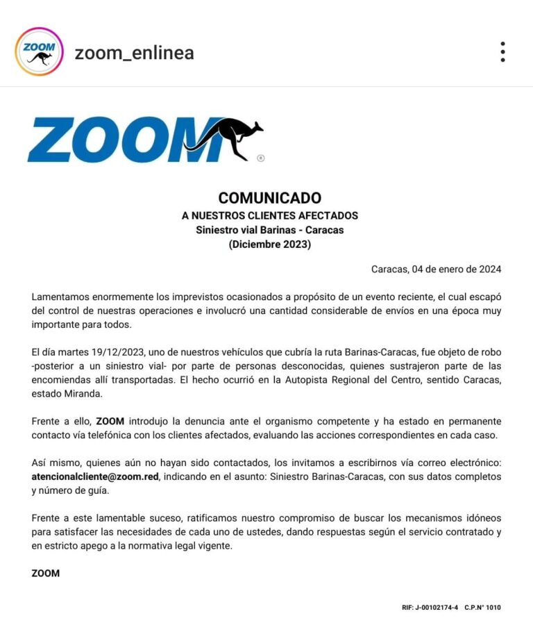 “Uno de nuestros vehículos fue objeto de robo”: Zoom responde a clientes por incidente con 630 encomiendas