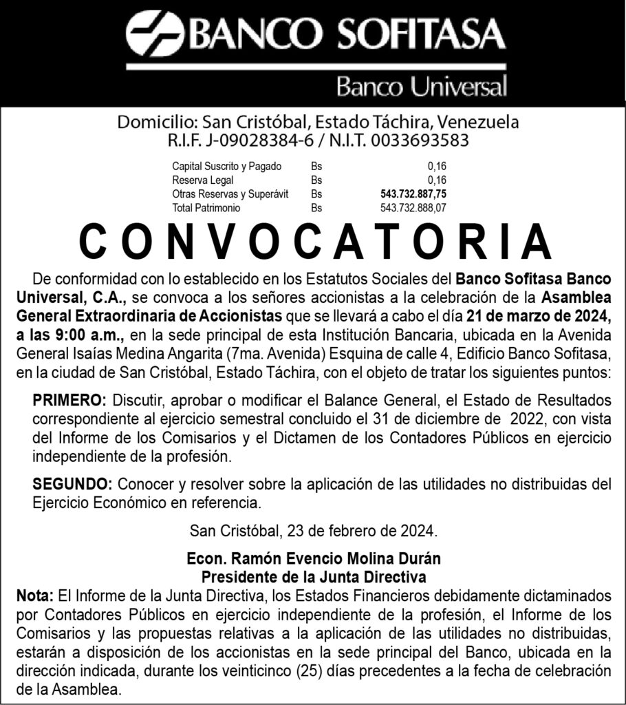 Convocatoria Asamblea General Extraordinaria De Accionistas Banco