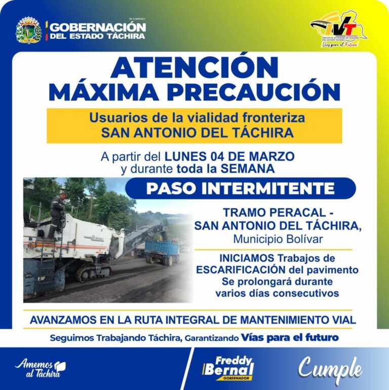 Paso intermitente desde Peracal hasta la avenida Venezuela por trabajos de escarificación