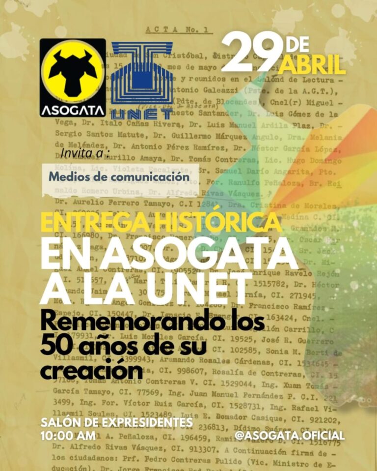 Asogata entrega este lunes a la Unet legado histórico sobre donación de Hacienda Santa Rosa