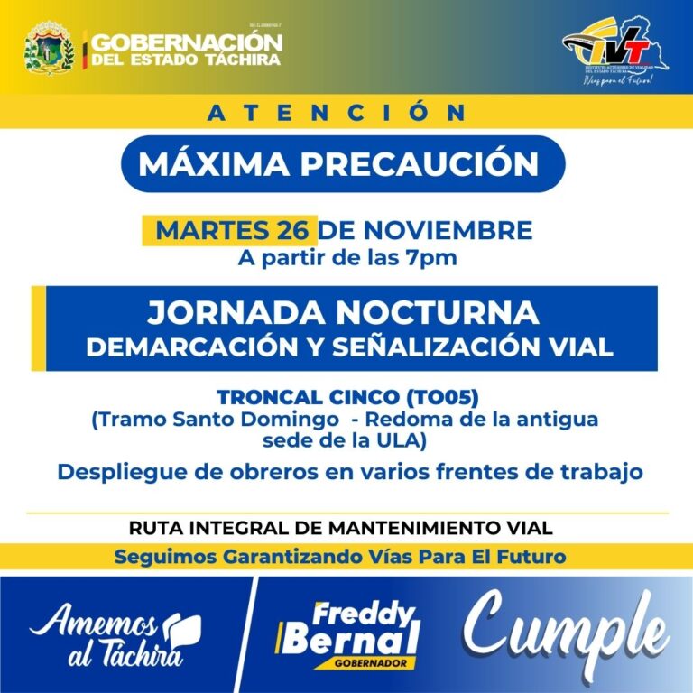 Jornada nocturna de demarcación vial este martes en la Troncal Cinco