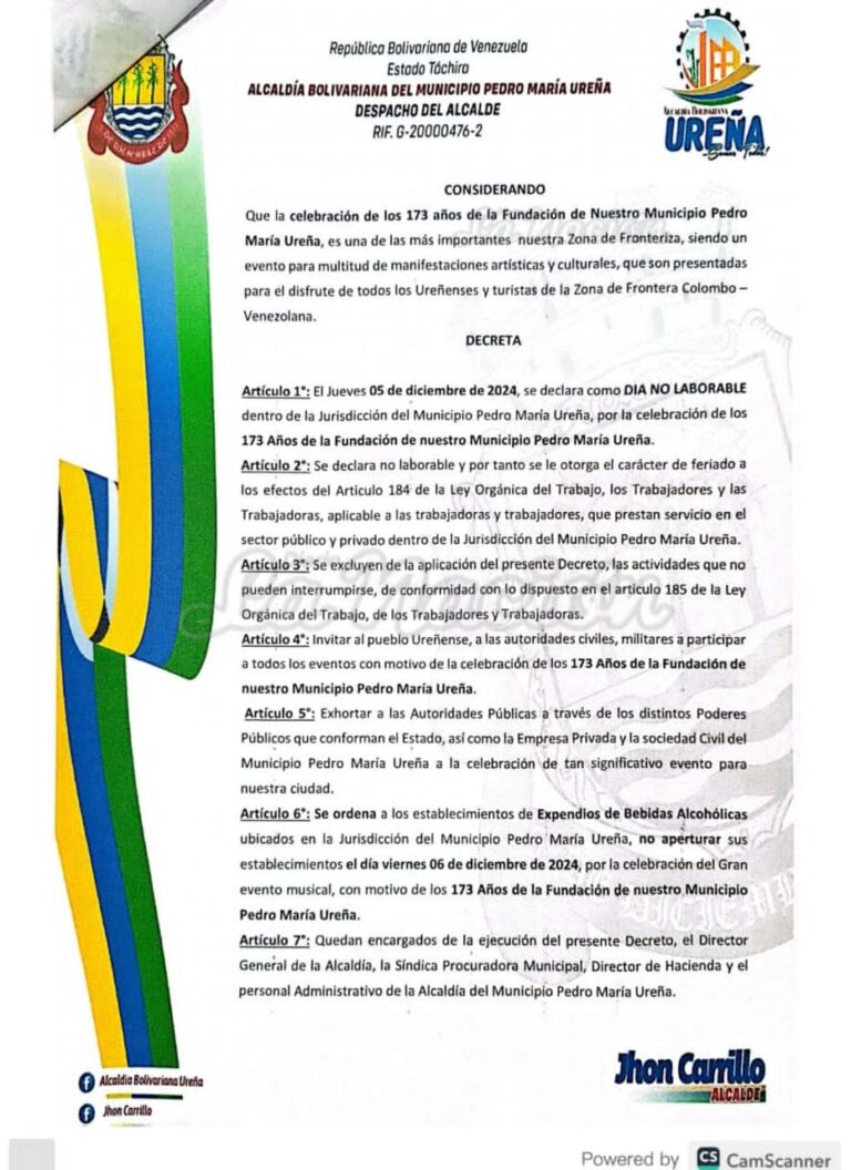 Decretan el 5 de diciembre día no laborables en Ureña