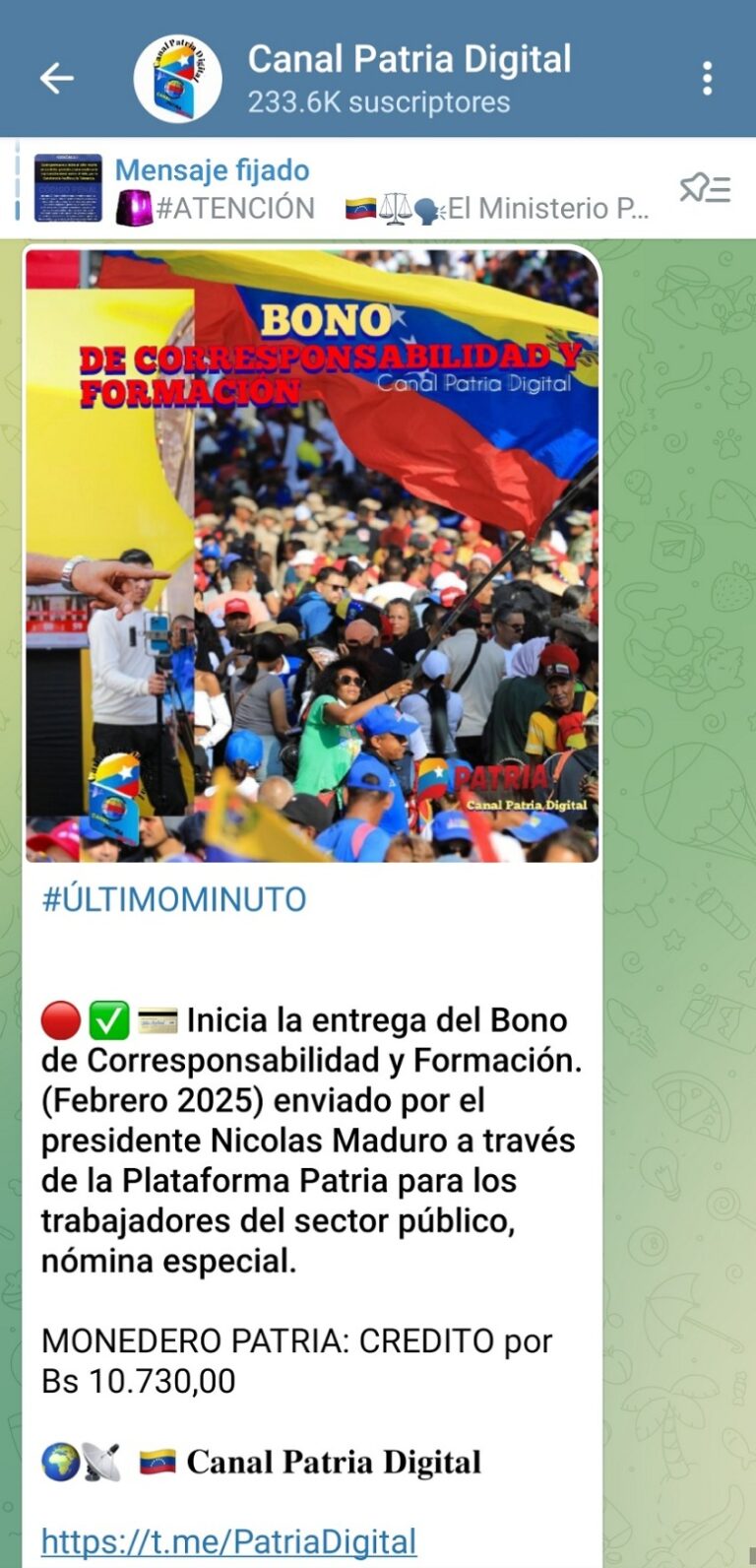 Con más de 5 mil bs de aumento pagan Bono Corresponsabilidad y Formación
