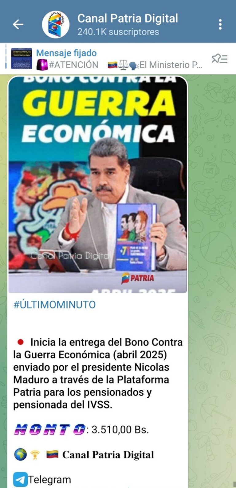 Por 3.510 bs Bono de Guerra para pensionados del IVSS