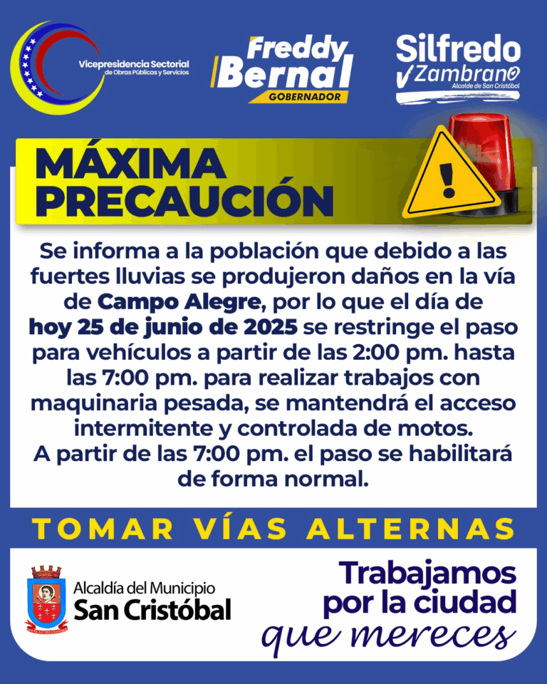 Restringido paso vehicular entre El Corozo y Campo Alegre por obras de vialidad