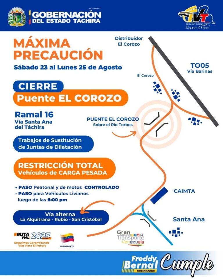 Vía alterna La Alquitrana – Rubio ante el cierre del Puente El Corozo en Ramal 16