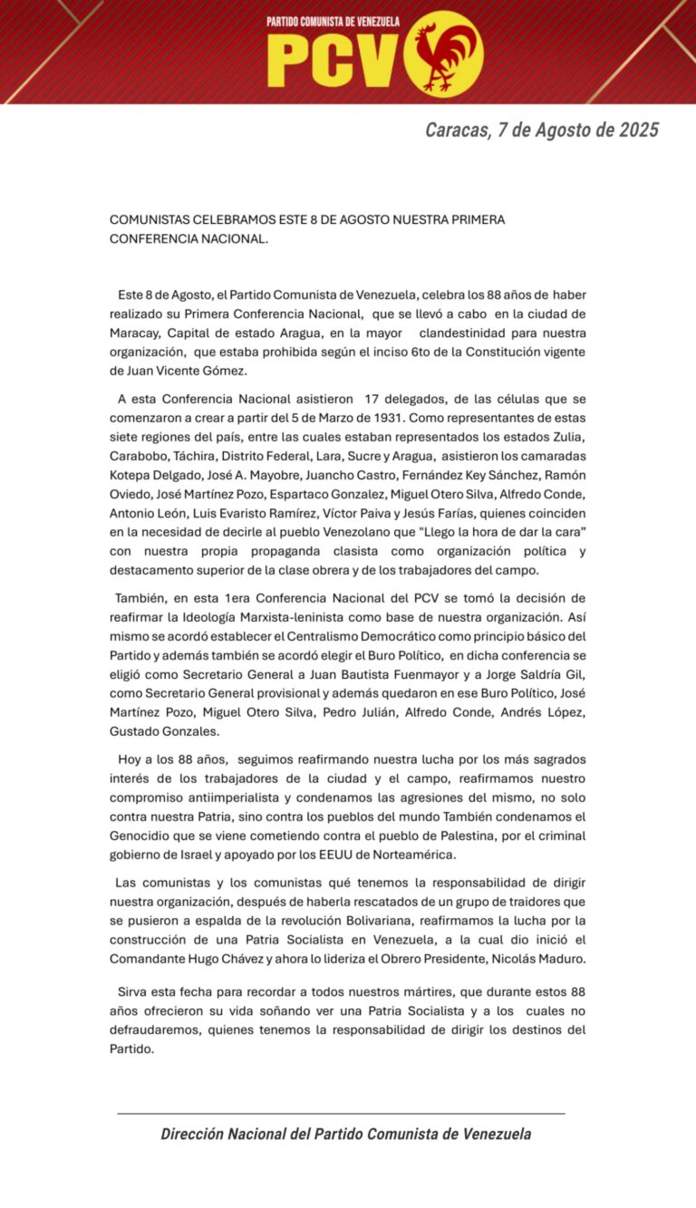 Partido Comunista de Venezuela conmemoró el 88° aniversario de su Primera Conferencia Nacional
