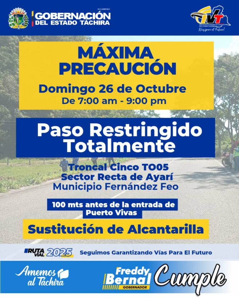 Paso restringido este domingo en la Recta de Ayarí, en la T005