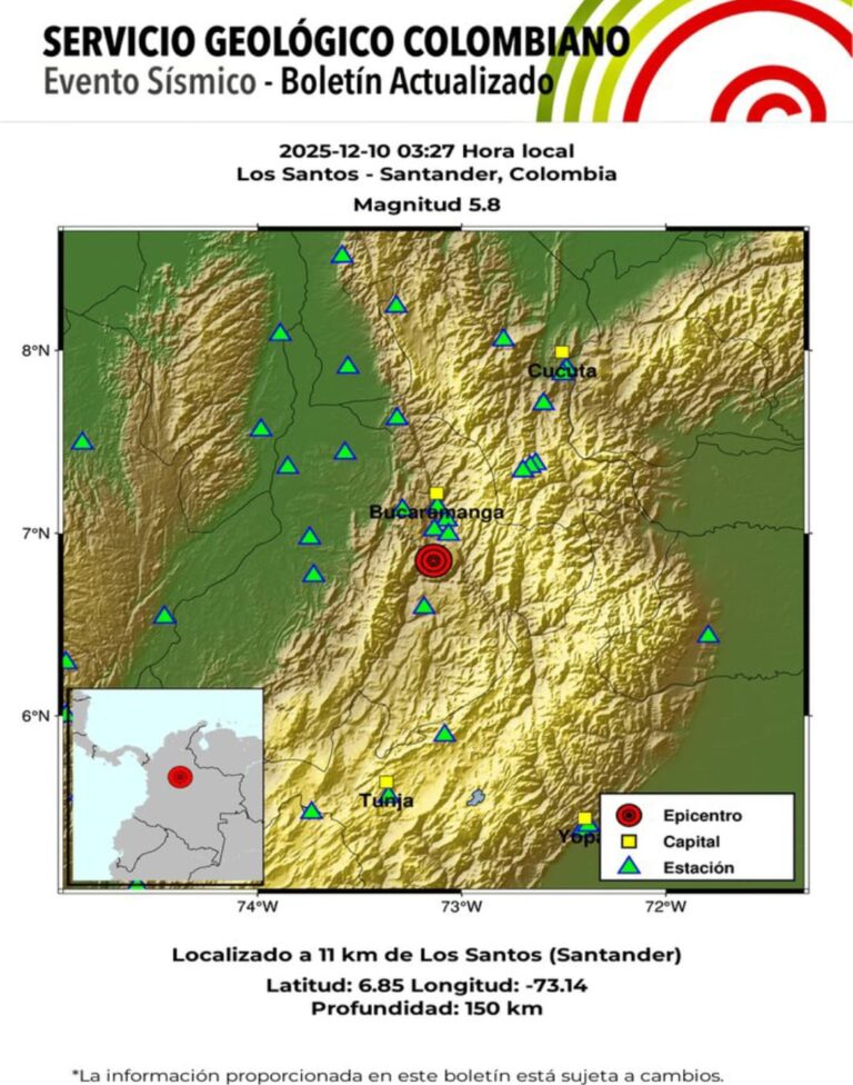 Un sismo de magnitud 5,8 sacude el centro de Colombia en medio de la madrugada