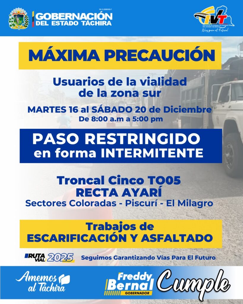 Restricciones Viales en Táchira por Trabajos de Rehabilitación de la Troncal Cinco