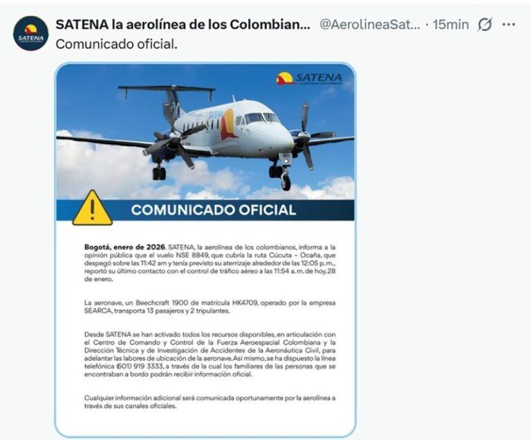 Avión de la compañía colombiana Satena con 15 personas desaparece entre Cúcuta y Ocaña