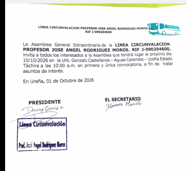 Convocatoria a Asamblea General Extraordinaria de la Línea Circunvalación Prof. José Ángel Rodríguez Moros